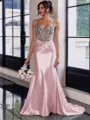 Show-stopping Sheath Spaghetti Straps Beading Sweep Train Silk Like Satin Corset Prom Dress