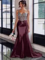 Show-stopping Sheath Spaghetti Straps Beading Sweep Train Silk Like Satin Corset Prom Dress