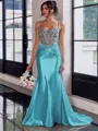 Show-stopping Sheath Spaghetti Straps Beading Sweep Train Silk Like Satin Corset Prom Dress