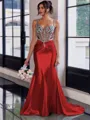 Show-stopping Sheath Spaghetti Straps Beading Sweep Train Silk Like Satin Corset Prom Dress