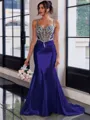 Show-stopping Sheath Spaghetti Straps Beading Sweep Train Silk Like Satin Corset Prom Dress