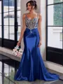 Show-stopping Sheath Spaghetti Straps Beading Sweep Train Silk Like Satin Corset Prom Dress