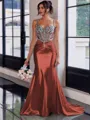 Show-stopping Sheath Spaghetti Straps Beading Sweep Train Silk Like Satin Corset Prom Dress