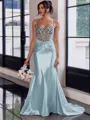Show-stopping Sheath Spaghetti Straps Beading Sweep Train Silk Like Satin Corset Prom Dress