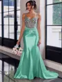 Show-stopping Sheath Spaghetti Straps Beading Sweep Train Silk Like Satin Corset Prom Dress