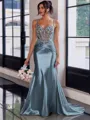 Show-stopping Sheath Spaghetti Straps Beading Sweep Train Silk Like Satin Corset Prom Dress