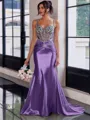 Show-stopping Sheath Spaghetti Straps Beading Sweep Train Silk Like Satin Corset Prom Dress