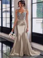 Show-stopping Sheath Spaghetti Straps Beading Sweep Train Silk Like Satin Corset Prom Dress