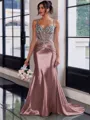 Show-stopping Sheath Spaghetti Straps Beading Sweep Train Silk Like Satin Corset Prom Dress