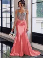 Show-stopping Sheath Spaghetti Straps Beading Sweep Train Silk Like Satin Corset Prom Dress