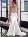 Show-stopping Sheath Spaghetti Straps Beading Sweep Train Silk Like Satin Corset Prom Dress