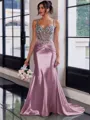 Show-stopping Sheath Spaghetti Straps Beading Sweep Train Silk Like Satin Corset Prom Dress