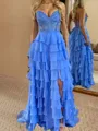 Graceful A-Line Sweetheart Cascading Ruffles Sweep Train Chiffon Corset Prom Dress