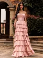 Stunning A-Line Straight Cascading Ruffles Sweep Train Corset Prom Dress