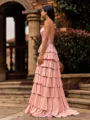 Stunning A-Line Straight Cascading Ruffles Sweep Train Corset Prom Dress