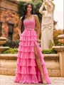 Glamorous A-Line Spaghetti Straps Cascading Ruffles Sweep Train Chiffon Corset Prom Dress