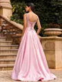 Stunning A-Line Straps Bow Sweep Train Satin Corset Prom Dress