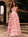 Glam A-Line Sweetheart Cascading Ruffles Sweep Train Corset Prom Dress