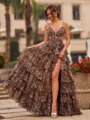 Grand A-Line Spaghetti Straps Cascading Ruffles Sweep Train Prom Dress