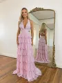 Captivating A-Line Halter Cascading Ruffles Sweep Train Prom Dress