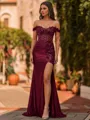Glamorous Sheath Off-The-Shoulder Appliques Lace Sweep Train Silk Like Satin Corset Prom Dress
