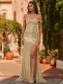 Glamorous Sheath Off-The-Shoulder Appliques Lace Sweep Train Silk Like Satin Corset Prom Dress