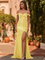 Glamorous Sheath Off-The-Shoulder Appliques Lace Sweep Train Silk Like Satin Corset Prom Dress