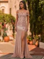 Glamorous Sheath Off-The-Shoulder Appliques Lace Sweep Train Silk Like Satin Corset Prom Dress