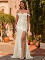 Glamorous Sheath Off-The-Shoulder Appliques Lace Sweep Train Silk Like Satin Corset Prom Dress
