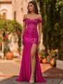 Glamorous Sheath Off-The-Shoulder Appliques Lace Sweep Train Silk Like Satin Corset Prom Dress