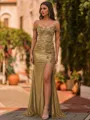 Glamorous Sheath Off-The-Shoulder Appliques Lace Sweep Train Silk Like Satin Corset Prom Dress