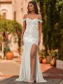 Glamorous Sheath Off-The-Shoulder Appliques Lace Sweep Train Silk Like Satin Corset Prom Dress
