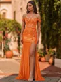 Glamorous Sheath Off-The-Shoulder Appliques Lace Sweep Train Silk Like Satin Corset Prom Dress