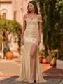 Glamorous Sheath Off-The-Shoulder Appliques Lace Sweep Train Silk Like Satin Corset Prom Dress