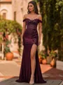 Glamorous Sheath Off-The-Shoulder Appliques Lace Sweep Train Silk Like Satin Corset Prom Dress