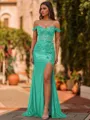 Glamorous Sheath Off-The-Shoulder Appliques Lace Sweep Train Silk Like Satin Corset Prom Dress