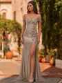 Glamorous Sheath Off-The-Shoulder Appliques Lace Sweep Train Silk Like Satin Corset Prom Dress