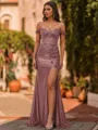 Glamorous Sheath Off-The-Shoulder Appliques Lace Sweep Train Silk Like Satin Corset Prom Dress