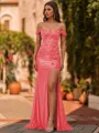 Glamorous Sheath Off-The-Shoulder Appliques Lace Sweep Train Silk Like Satin Corset Prom Dress
