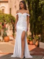 Glamorous Sheath Off-The-Shoulder Appliques Lace Sweep Train Silk Like Satin Corset Prom Dress