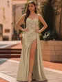 Elegant Sheath Spaghetti Straps Appliques Lace Sweep Train Silk Like Satin Corset Prom Dress