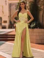 Elegant Sheath Spaghetti Straps Appliques Lace Sweep Train Silk Like Satin Corset Prom Dress