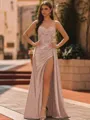 Elegant Sheath Spaghetti Straps Appliques Lace Sweep Train Silk Like Satin Corset Prom Dress