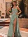 Elegant Sheath Spaghetti Straps Appliques Lace Sweep Train Silk Like Satin Corset Prom Dress