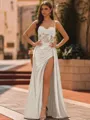 Elegant Sheath Spaghetti Straps Appliques Lace Sweep Train Silk Like Satin Corset Prom Dress