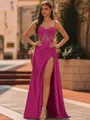 Elegant Sheath Spaghetti Straps Appliques Lace Sweep Train Silk Like Satin Corset Prom Dress