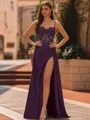 Elegant Sheath Spaghetti Straps Appliques Lace Sweep Train Silk Like Satin Corset Prom Dress