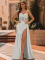 Elegant Sheath Spaghetti Straps Appliques Lace Sweep Train Silk Like Satin Corset Prom Dress