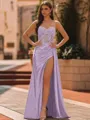 Elegant Sheath Spaghetti Straps Appliques Lace Sweep Train Silk Like Satin Corset Prom Dress