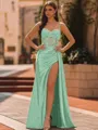 Elegant Sheath Spaghetti Straps Appliques Lace Sweep Train Silk Like Satin Corset Prom Dress